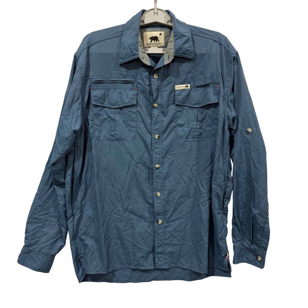 Dakota Grizzly Mens Medium Blue Nylon Hiking Fishing Vented Button Up Shirt M